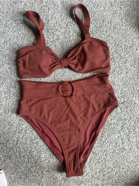 Cupshe Rust Brown Textured High-Waisted Bikini Set Size Medium